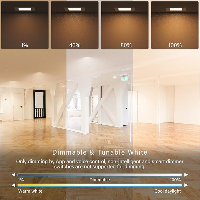 4 Inch LED Smart Slim Recessed Pot Light, Square, WiFi APP & Voice Control, 120V, 9W, 600LM, RGB + 2700K-6000K, ETL & FCC & IC Rated, Wet Location, Works with Alexa/Google Home, White -1Pack