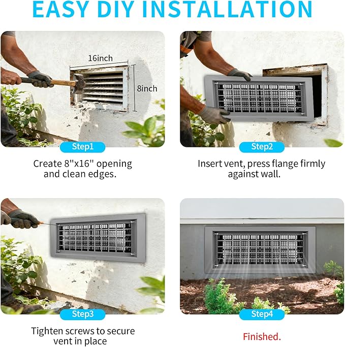 Crawl Space Foundation Vent Cover Automatic 8x16 Inch, Gray 2 Pack | Auto Open/Close at 40°F-70°F, Freeze Protection & Energy Saving, DIY Replacement for House, Mobile Home & Skirting, Plastic