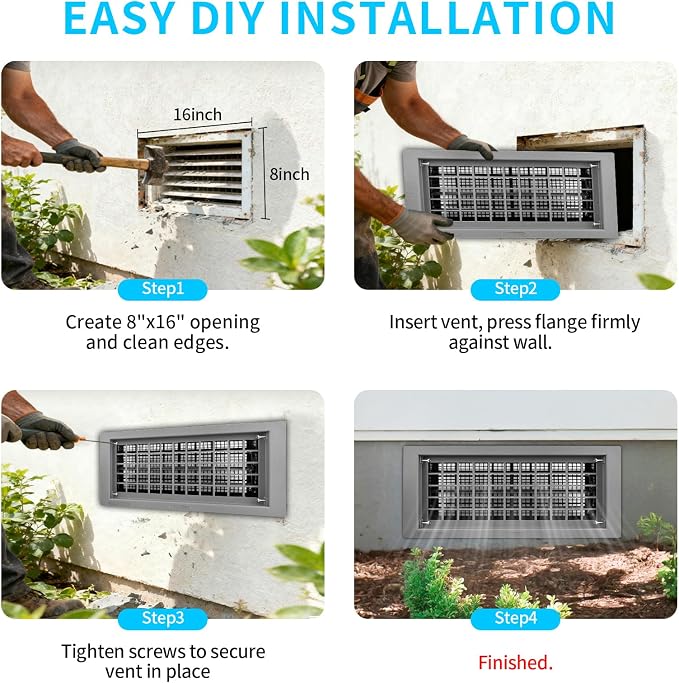 Crawl Space Foundation Vent Cover Automatic 8x16 Inch, Gray 4 Pack | Auto Open/Close at 40°F-70°F, Freeze Protection & Energy Saving, DIY Replacement for House, Mobile Home & Skirting, Plastic