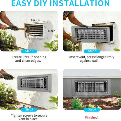 Crawl Space Foundation Vent Cover Automatic 8x16 Inch, Gray 4 Pack | Auto Open/Close at 40°F-70°F, Freeze Protection & Energy Saving, DIY Replacement for House, Mobile Home & Skirting, Plastic