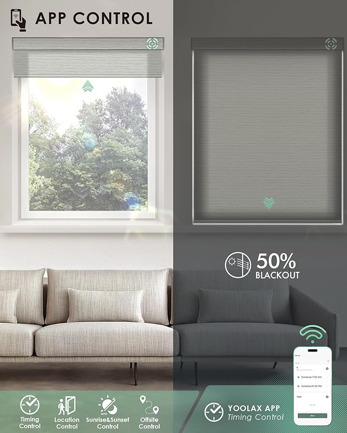 Yoolax Motorized Blinds with Remote, Light Filtering Smart Blinds Work with Alexa, Google, Automatic Roller Shades for Windows, Custom Electric Shades for Living Room (V-Shimmer Horizontal Beige)
