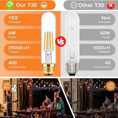ToBeGreat T30 Light Bulbs 4 Watt Equivalent 40W Bulb E26 Tubular Bulbs T10 LED Bulb Warm White 2700K,Desk Lamp,Bedbroom Bathroom Dimmable,Chandelier,2 Pack