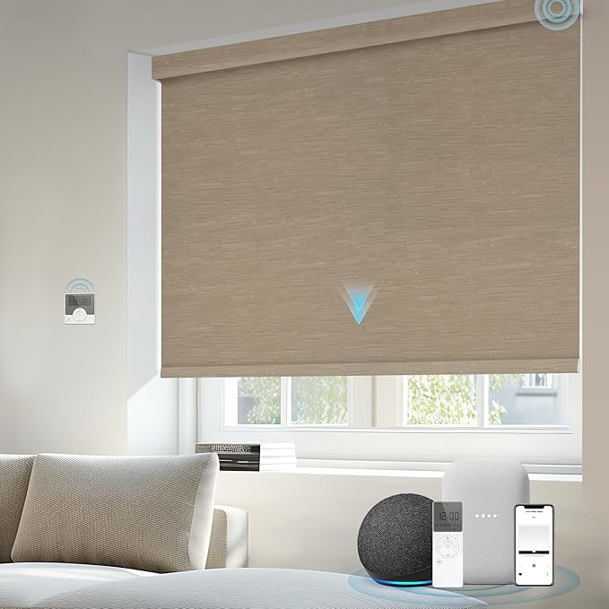 Motorized Blinds Compatible with Alexa Google 100% Blackout Smart Blind Automatic Window Roller Shades Remote Control Custom Size Jacquard Coffee