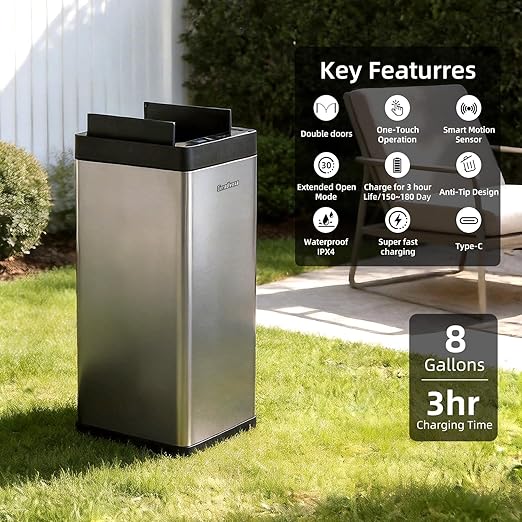 Kitchen Trash Can with Automatic Bag Assist – 8 Gallon Smart Matte Stainless Steel Bin with Motion Sensor Butterfly Lid for Home, Living Room, Bedroom, RV