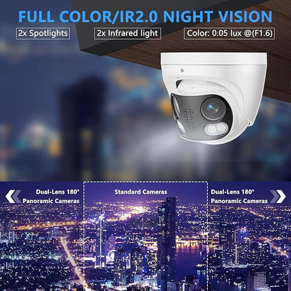 4K 8MP Dual Lens PoE IP Security Camera with 180° Ultra Wide Viewing Angle, 2 Way Talk, Human Detection, SD Card Slot(256GB), Full Color/IR2.0 Night Vision, Compatible with Third-Party NVRs