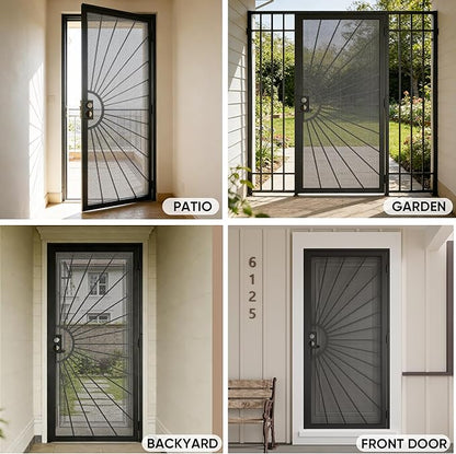 JUBEST 32 in. x 80 in. Security Door, Exterior Front Entry Door, Outswing Steel Security Door with Perforated Metal Screen, Powder Coated Black, Lock Not Include