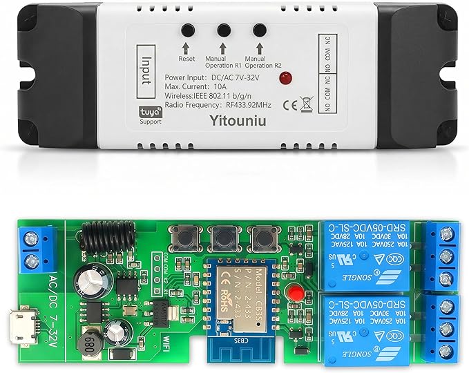 2 Channel Tuya Smart Life WiFi Momentary Inching Self-Locking Interlock Relay Switch Module,DC 7-32V Wireless Remote Control with RF Bluetooth, Compatible with Alexa Goolge Home (2CH)