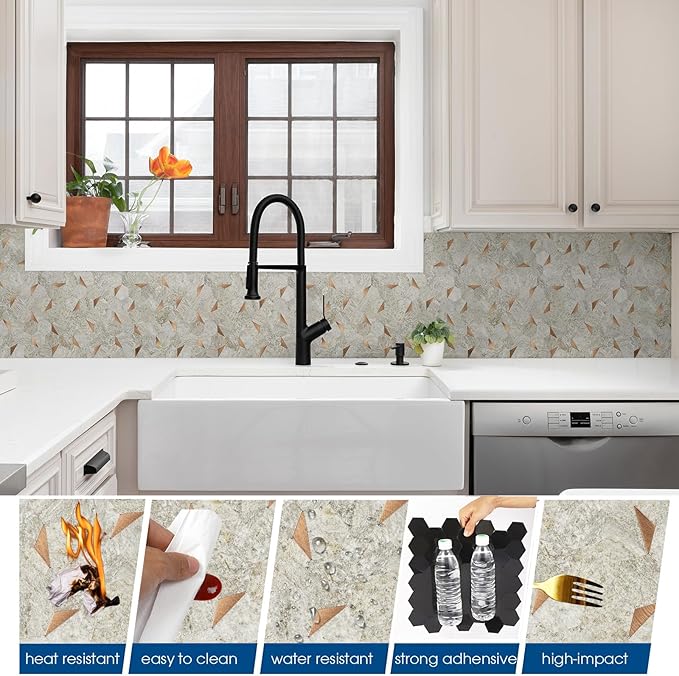 10 Sheets Sandstone Beige Hexagon Peel and Stick Backsplash for Kitchen Wall, Heat Resistant Stick on Backsplash PVC Smart Tiles, Waterproof Peel and Stick Wall Tiles for Bathroom