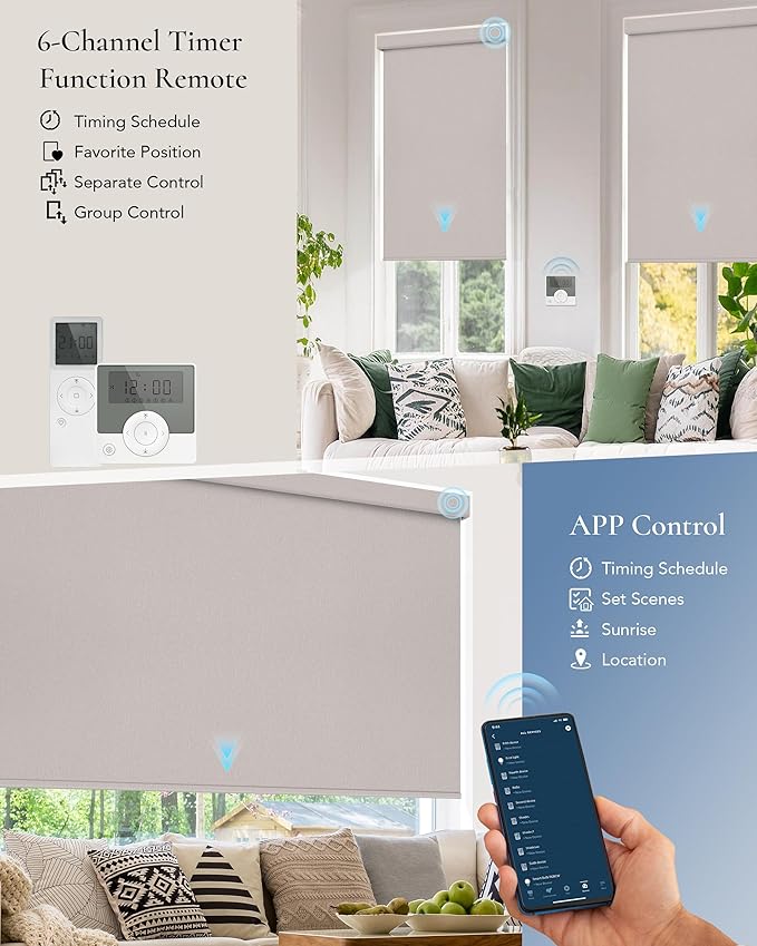 Motorized Blinds Compatible with Alexa Google Custom to 108" Width 100% Blackout Smart Blind Automatic Large Window Roller Shades Remote Control Fabric Grey Beige