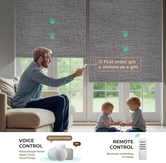 HeyBlinds Motorized Blinds with Remote, 100% Blackout Smart Blinds, Automatic Shades for Windows Compatible with Alexa Google and Homekit, Custom Size(Grace-Stormy Gray BO)
