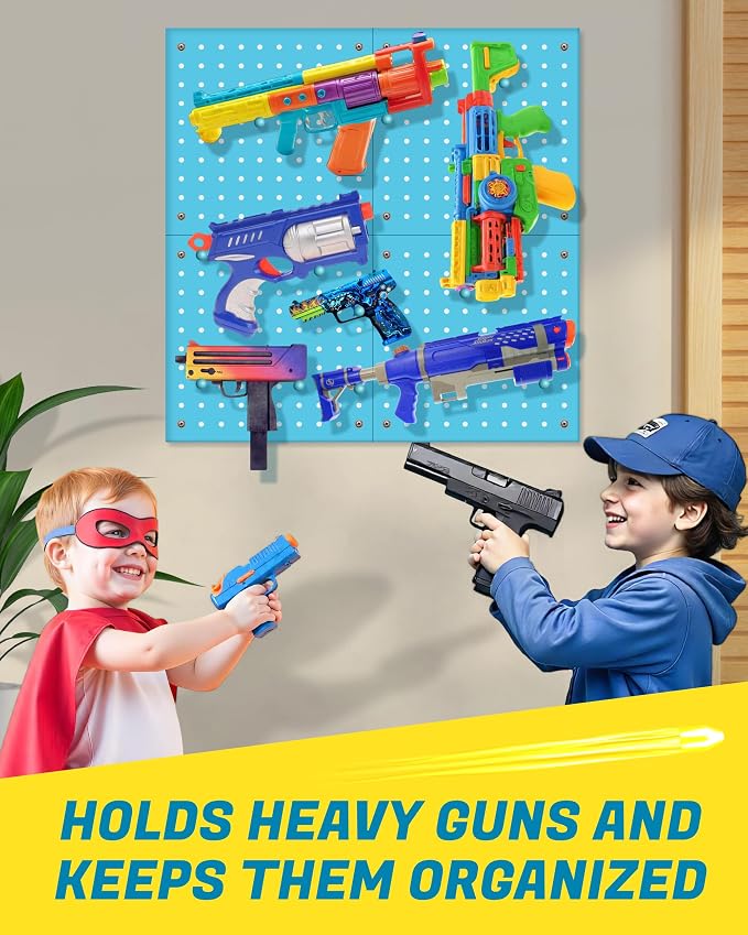 Wooden Peg Board for Nerf Gun Storage Organizer 13 x 13 x 0.31 In - Blue | 4 MDF Panels, 20 Wooden Pegs, Compatible with All Blasters Nerf Gun Rack Organizer for Wall Organization