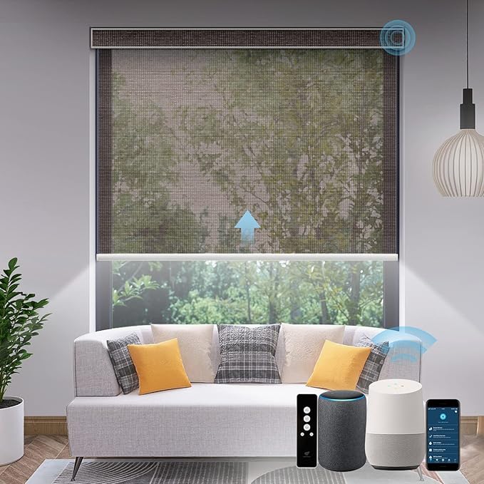 SmartWings Motorized Light Filtering Shades, Work with Matter Apple Homekit Z-Wave Alexa Google, 50% Blackout Transparent Smart Window Roller Shades with Remote Control Custom up 110"W X 138"H, Cocoa