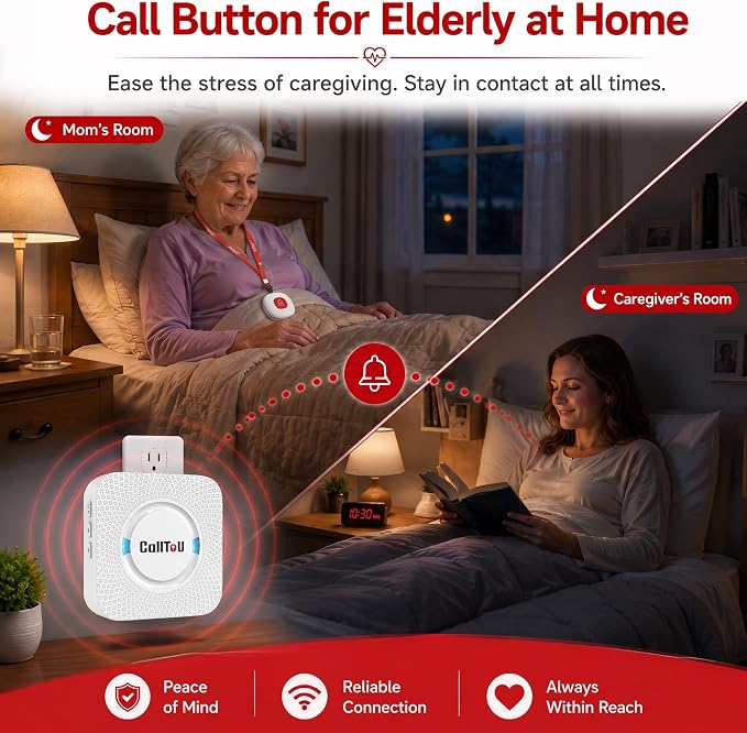 CallToU Wireless Caregiver Pager Call Button for Elderly at Home Nurse Alert System 500+ Feet for Seniors/Elderly/Patient/Disabled 1 Plugin Receiver 2 Waterproof SOS Buttons