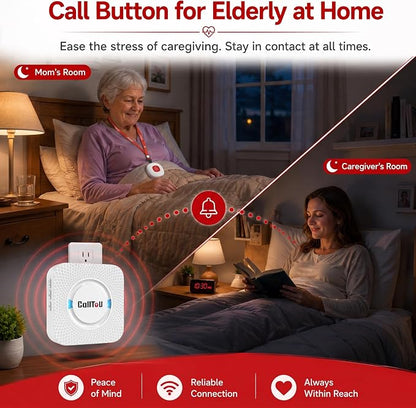 CallToU Wireless Caregiver Pager Call Button for Elderly at Home Nurse Alert System 500+ Feet for Seniors/Elderly/Patient/Disabled 1 Plugin Receiver 2 Waterproof SOS Buttons