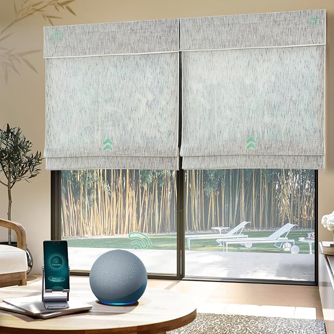 Yoolax Motorized Bamboo Roman Shades with Remote, Smart Roman Shades for Indoor Windows, Light Filtering Automatic Blinds Work with Alexa, Google, Apple Homekit, Customized (Bamboo Woven Flake White)