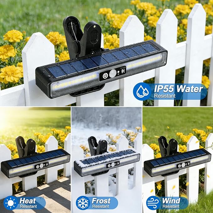 Clip On Solar Motion Sensor Outdoor Lights, 2 Pack 72 LED Solar Fence Lights Waterproof with 3 Modes, 6000K, Portable Solar Powered Security Lights for Fence, Gutter, Garage, Garden, RV Camping