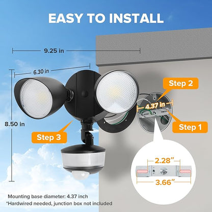 LUTEC 34W 3700 Lumen LED Security Light Motion Sensor Outdoor Lights with Night Light, 5000K Daylight, IP65 Waterproof, Dusk to Dawn, Hardwired Motion Detector Flood Light for Garage, Yard-Black