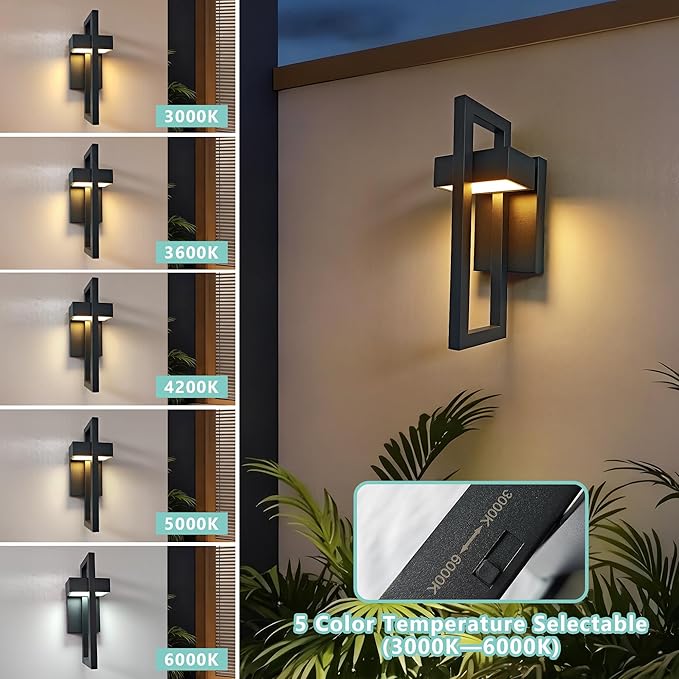 Outdoor Wall Lantern 2 Packs, Dimmable Wall Lights Fixture with 5 Color Temperatures, Integrated LED Wall Sconce Lighting, Matte Black Waterproof Porch Lighting for House Garage Doorway