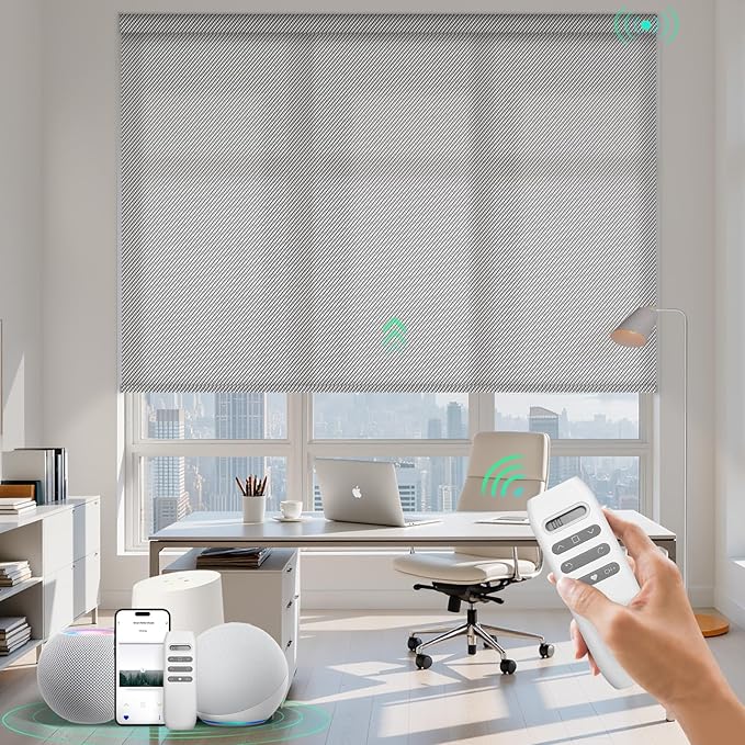 HeyBlinds Motorized Solar Shades with Remote, Light Filtering Mesh Roller Shades, Flame Retardant Smart Blinds, UV Blocking, Alexa Google HomeKit Compatible, Custom Size (Cloud Grey-1% Openness)