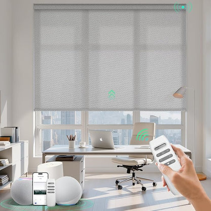 HeyBlinds Motorized Solar Shades with Remote, Light Filtering Mesh Roller Shades, Flame Retardant Smart Blinds, UV Blocking, Alexa Google HomeKit Compatible, Custom Size (Cloud Grey-1% Openness)