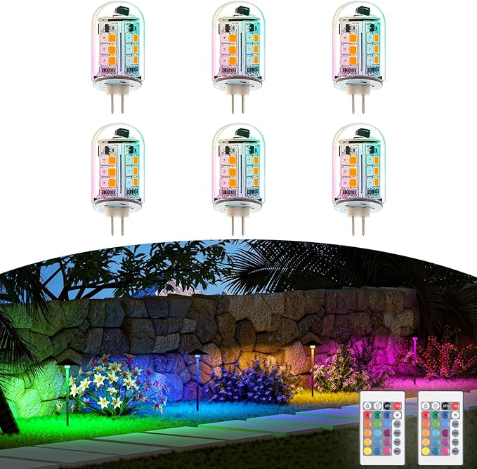 RGB T3 G4 Bi-pin LED Bulbs 12V Color Changing, Warm White+15 Multicolors and 4-Level Brightness on Remote Control for Outdoor Low Voltage Landscape Lighting