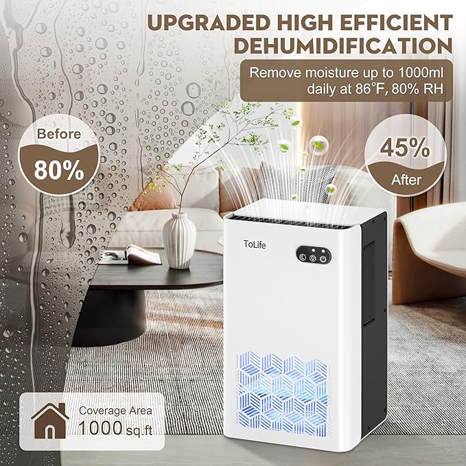ToLife Dehumidifier for Home, 1000 sq.ft Dehumidifiers for Basement Bathroom Bedroom with 95 OZ Water Tank, Auto Shut Off 7 Colors LED Light, White Black