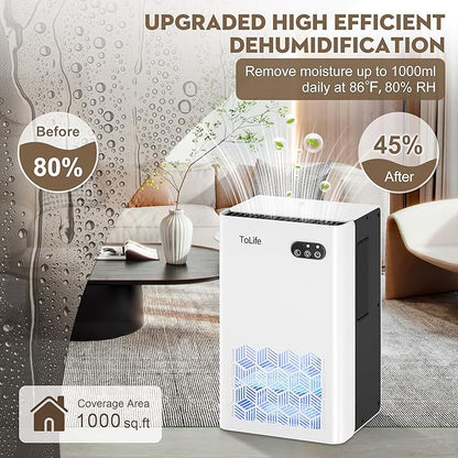 ToLife Dehumidifier for Home, 1000 sq.ft Dehumidifiers for Basement Bathroom Bedroom with 95 OZ Water Tank, Auto Shut Off 7 Colors LED Light, White Black