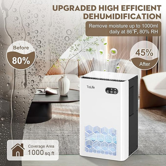 ToLife Dehumidifier for Home, 1000 sq.ft Dehumidifiers for Basement Bathroom Bedroom with 95 OZ Water Tank, Auto Shut Off 7 Colors LED Light, White Black