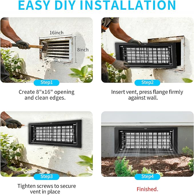 Crawl Space Foundation Vent Cover Automatic 8x16 Inch, Black 8 Pack | Auto Open/Close at 40°F-70°F, Freeze Protection & Energy Saving, DIY Replacement for House, Mobile Home & Skirting, Plastic