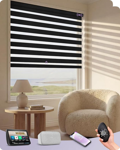 Graywind Motorized Zebra Sheer Blinds Compatible with Alexa Horizontal Light Filtering Window Shades Remote Roller Blinds with Valance for Smart Home and Office, Customized Size (Luxury Black)