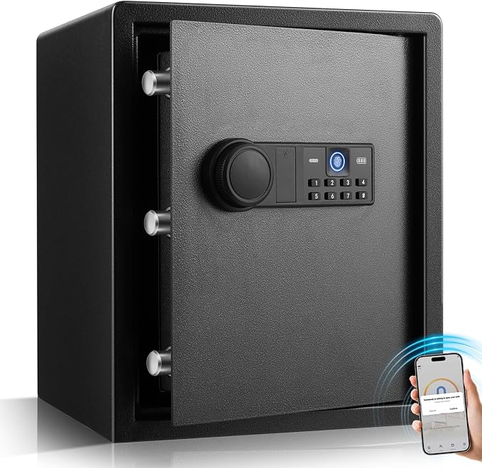 XDeer Biometric Safe Box, 1.69 Cuft Safe Box with 4 Unlocking Ways | Fingerprint/Backlit Keypad/Keys/APP, LED Light, Silent Mode, Adjustable Shelf, Smart Home Safe for Cash/Jewelry/Documents