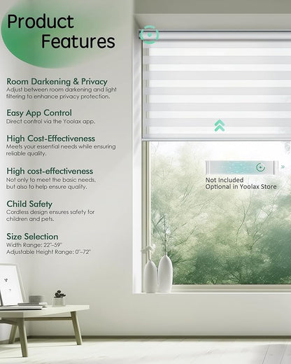 Yoolax Motorized Zebra Blinds, Electric Zebra Shades for Indoor Windows, Motorized Shades Light Control Horizontal, Automatic Window Shades for Bedroom Office Kitchen (80% Shading White, 35" x 72")