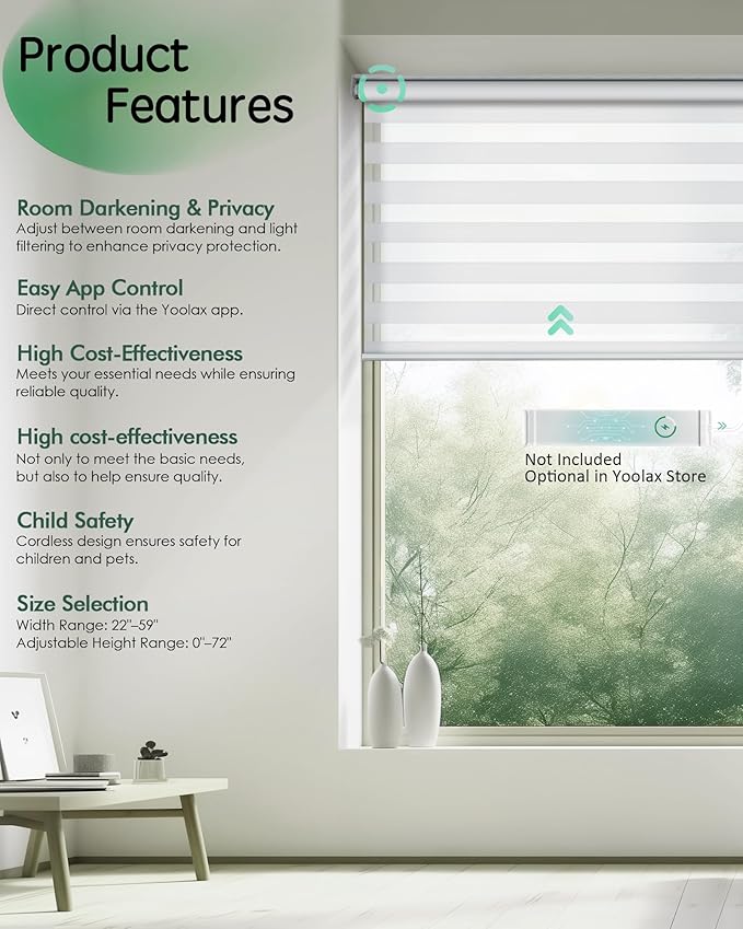 Yoolax Motorized Zebra Blinds, Electric Zebra Shades for Indoor Windows, Motorized Shades Light Control Horizontal, Automatic Window Shades for Bedroom Office Kitchen (80% Shading White, 47" x 72")