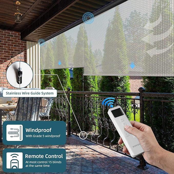 Motorized Outdoor Roller Shades,Patio Roll Up Blind Work with Alexa,Google Home,Apple Homekit,Remote Control Sun Shade,Waterproof &Windproof Smart Blinds for Porch,Sirus Beige,1% openess