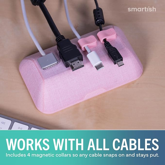 Smartish Magnetic Cord Holder, Bigger Cable Wrangler, Office Desk Organizer | Holds 8 Cords, 2 Cable Clips, Weighted Base, Charger Keeper, Phone Charging Cable Management, Nightstand Accessories, Pink