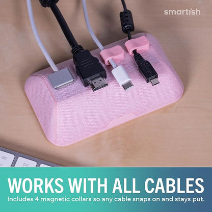 Smartish Magnetic Cord Holder, Bigger Cable Wrangler, Office Desk Organizer | Holds 8 Cords, 2 Cable Clips, Weighted Base, Charger Keeper, Phone Charging Cable Management, Nightstand Accessories, Pink