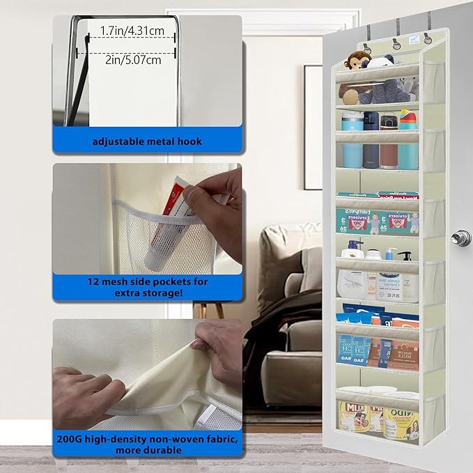 over the door organizer, Solid Bamboo Board (Not Plastic!) 6-Tier Heavy Duty 75LB, 12 Side Pockets, 3 Reinforced Hooks & Anti-Slip Pads, Waterproof & Washable, No Sagging, No Door Damage,Ivory