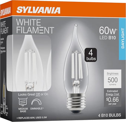Sylvania B10 Clear LED White Filament Bulb, 5.5W, Dimmable, 500 LMS, Medium Base, 5000K, Daylight - 4 Pack (42255)