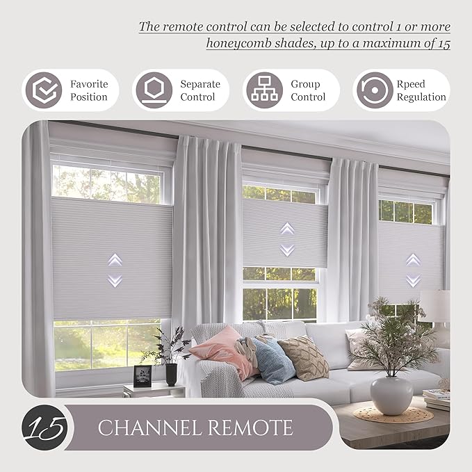 Motorized Top Down Bottom Up Cellular Shades, Smart Electric TDBU Honeycomb Blind with Remote, Blackout or Light Filtering Fabric, Automatic Cellular Shade for Home and Office Indoor Window