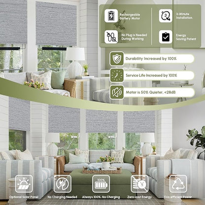 FineTell Motorized Blinds with Remote, 100% Blackout Roller Shades Compatible with Alexa,Apple Homekit,Google Home APP and Voice Control, Customized Electric Blinds (100% Blackout Elegant Grey)