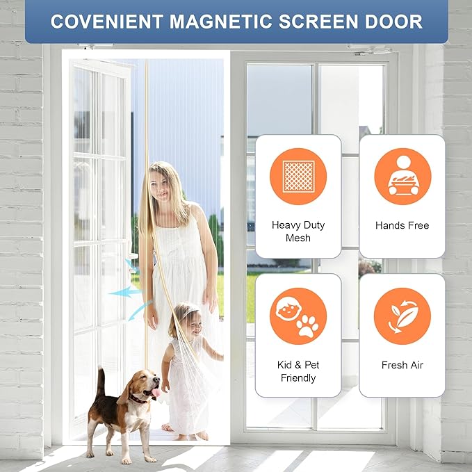 METAONLY Magnetic Screen Door Mesh Fits 32" x 80" Door - Curtain Size 34" x 82", Works for Patio, Sliding Door, Keeps Bug Mosquito Out, Fresh Air Flow, White