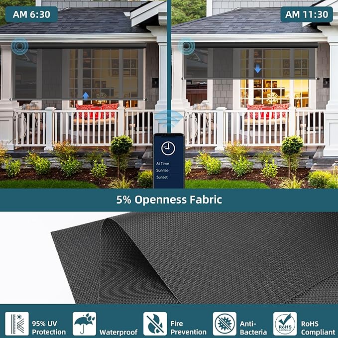 Motorized Outdoor Roller Shades,Patio Roll Up Blind Work with Alexa,Google Home,Apple Homekit,Remote Control Sun Shade,Waterproof &Windproof Smart Blinds for Porch,Sirus Dark Grey, 5% Openness