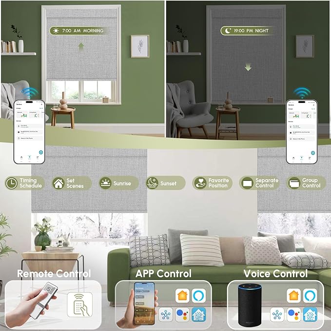 FineTell Motorized Blinds with Remote, 100% Blackout Roller Shades Compatible with Alexa,Apple Homekit,Google Home APP and Voice Control, Customized Electric Blinds (100% Blackout Dual Sided Grey)