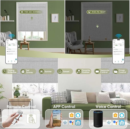FineTell Motorized Blinds with Remote, 100% Blackout Roller Shades Compatible with Alexa,Apple Homekit,Google Home APP and Voice Control, Customized Electric Blinds (100% Blackout Dual Sided Grey)