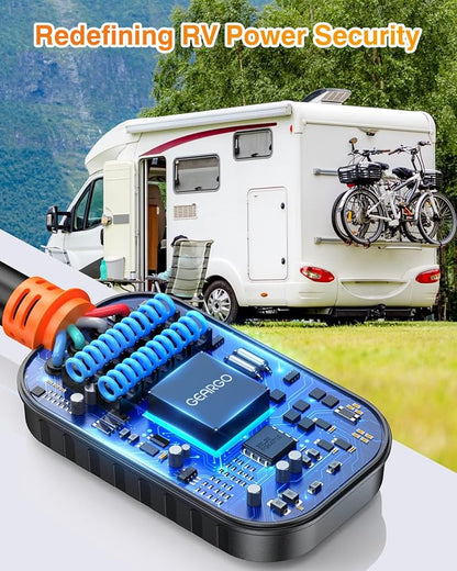 GEARGO 𝟐𝟎𝟐𝟔 𝐍𝐄𝐖 50 Amp RV Surge Protector, 18000J RV Circuit Analyzer with Intelligent LED Display, IP68 RV Adapter Plug with Waterproof Cover for Camper Travel Trailers