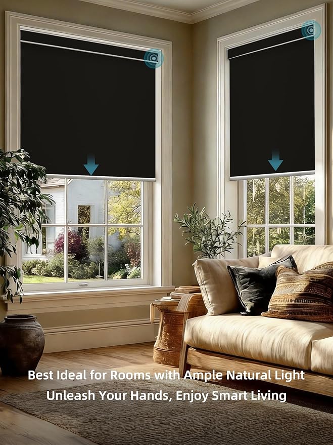 SmartWings Motorized Smart Blinds with Remote, Custom Automatic 100% Blackout Roller Shade Compatible with Alexa/Homekit/Google, Electric Smart Blinds for Indoor Windows, Vinyl Black