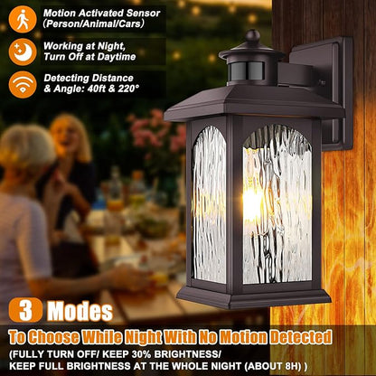 Brown Motion Sensor Outdoor Wall Sconce - Smart Dusk to Dawn Outdoor Lighting, Oil Rubbed Bronze Outdoor Wall Lights & Exterior Light Fixtures, Porch Lights with Water Rippled Glass for Garage House