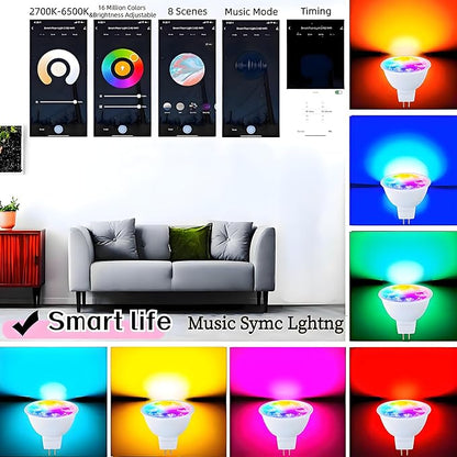 Smart MR16 LED Bulb Dimmable Color Changing, 12V Gu5.3 Bi-pin Base, WiFi & Bluetooth LED Bulbs Work with Alexa Google, Color Changing Sync with Music, for Living Room, Bedroom, Office,Hotel etc. 4Pack