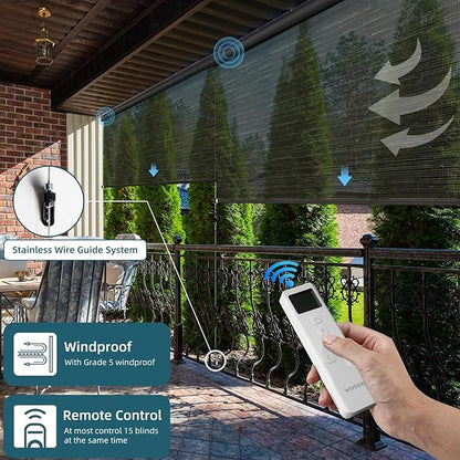 Motorized Outdoor Roller Shades,Patio Roll Up Blind Work with Alexa,Google,Apple Homekit,Remote Control Sun Shade,Waterproof &Windproof Smart Blinds for Porch,Sirus Black Gold, 5% Openness