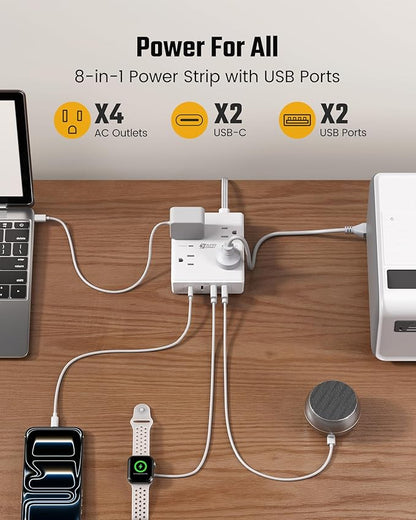 SUPERDANNY Flat Plug Power Strip Surge Protector 10 Ft Long Flat Extension Cord with 4 Outlets & 4 USB (2 USB-C) Charging Station for Home Office, College Dorm Room Essentials, Travel, White